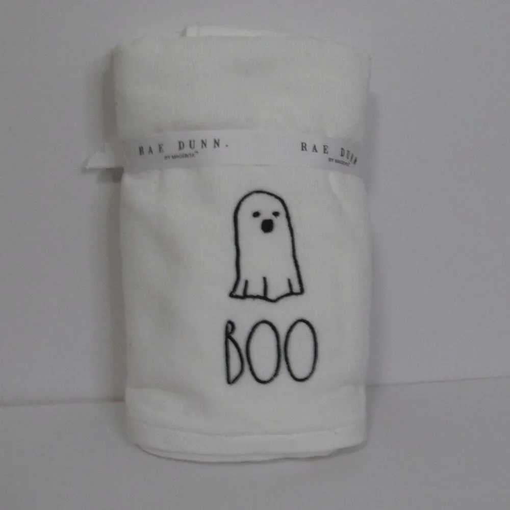 Rae Dunn Set of 2 White Halloween Hand Towels w/ Black Embroidery BOO/Ghosts NWT